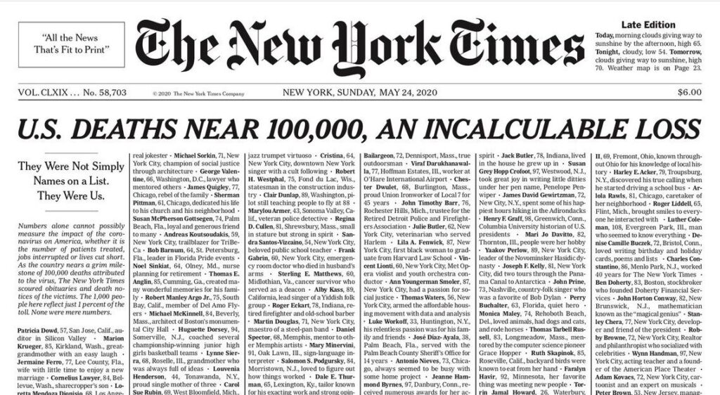 Una portada de The New York Times personaliza la tragedia del Covid-19 en EE.UU.